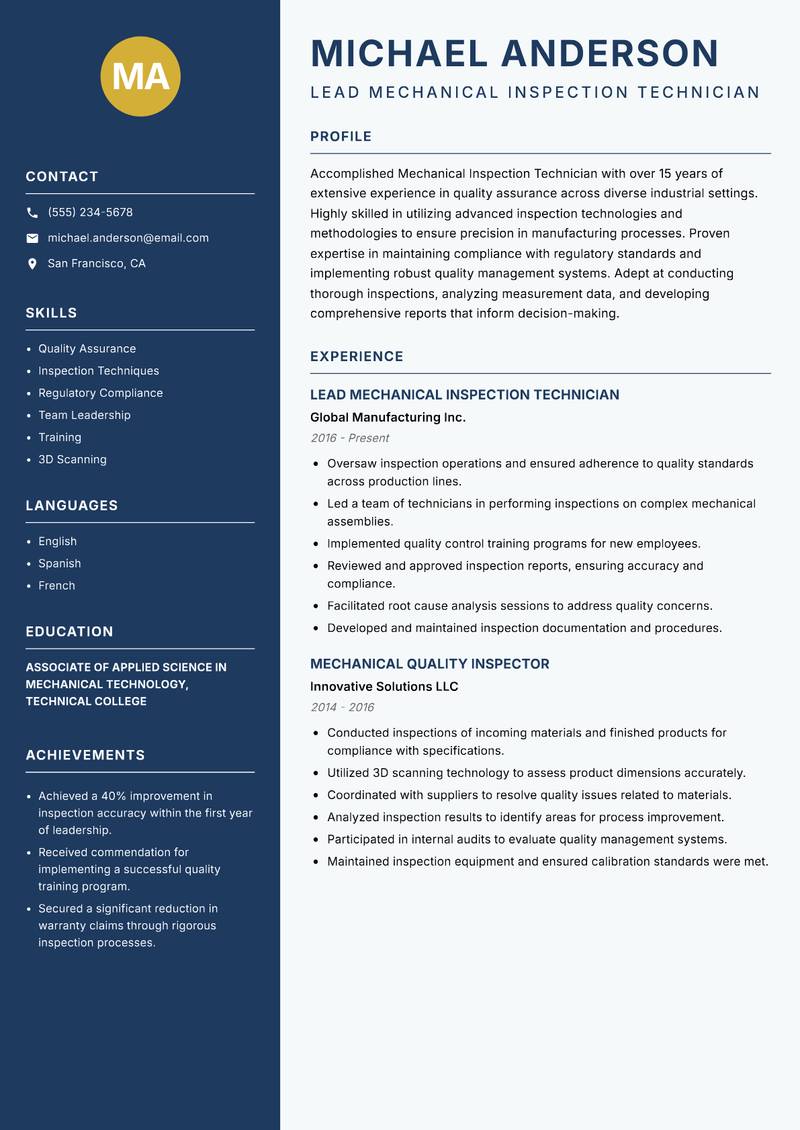 Mechanical Inspection Technician Resume Preview Example