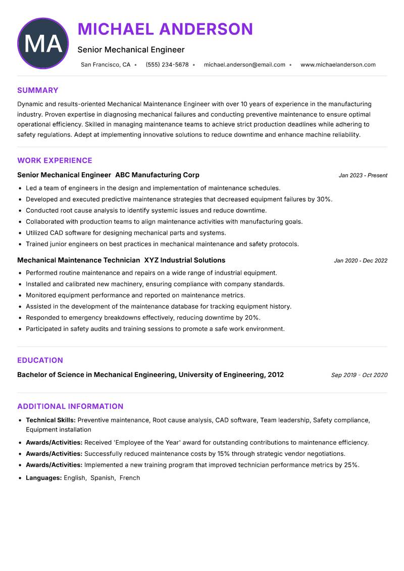 Mechanical Maintenance Engineer Resume Preview Example
