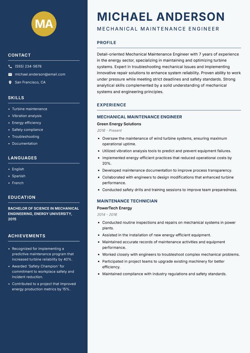 Mechanical Maintenance Engineer Resume Preview Example