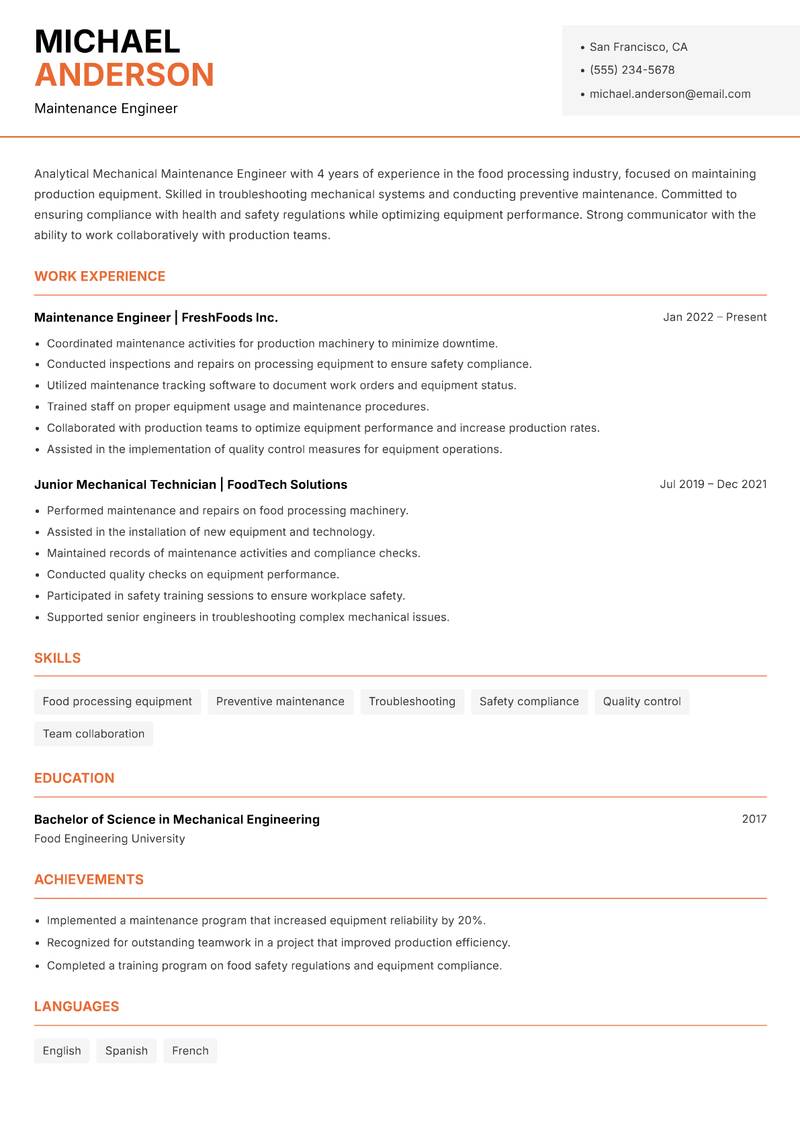 Mechanical Maintenance Engineer Resume Template