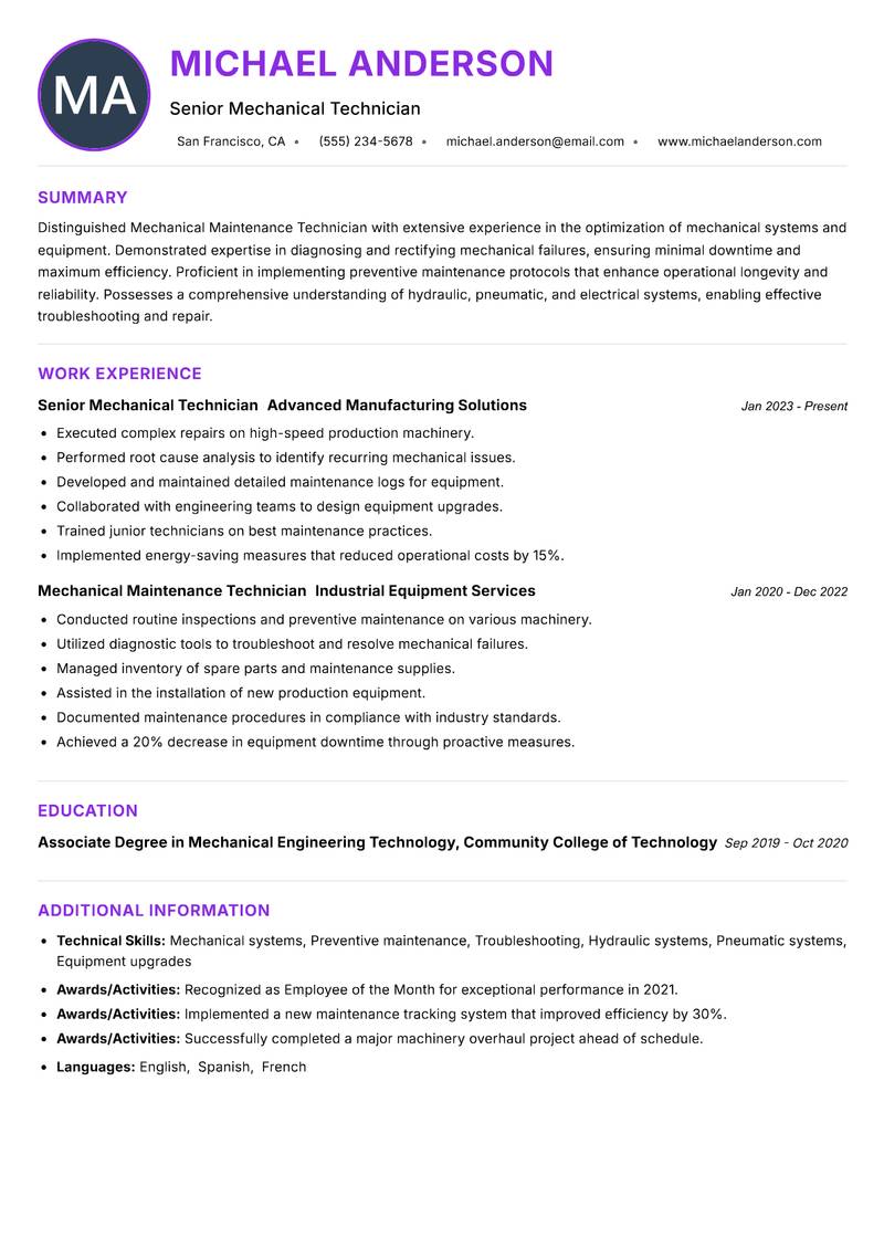 Mechanical Maintenance Technician Resume Preview Example