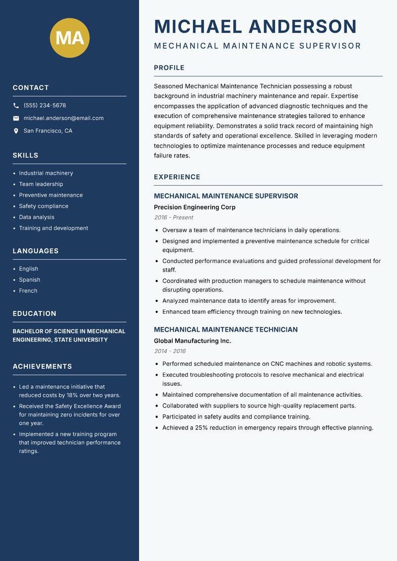 Mechanical Maintenance Technician Resume Preview Example