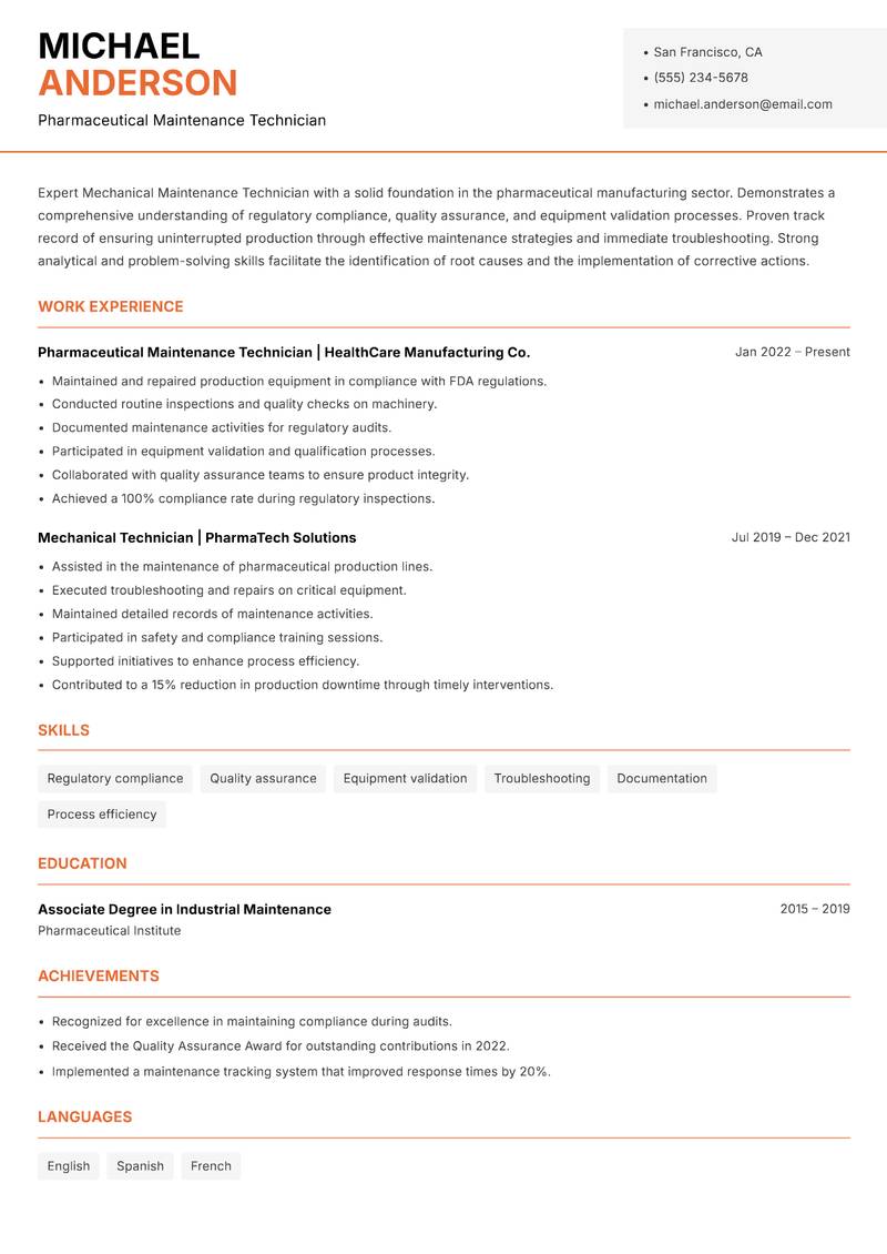 Mechanical Maintenance Technician Resume Template