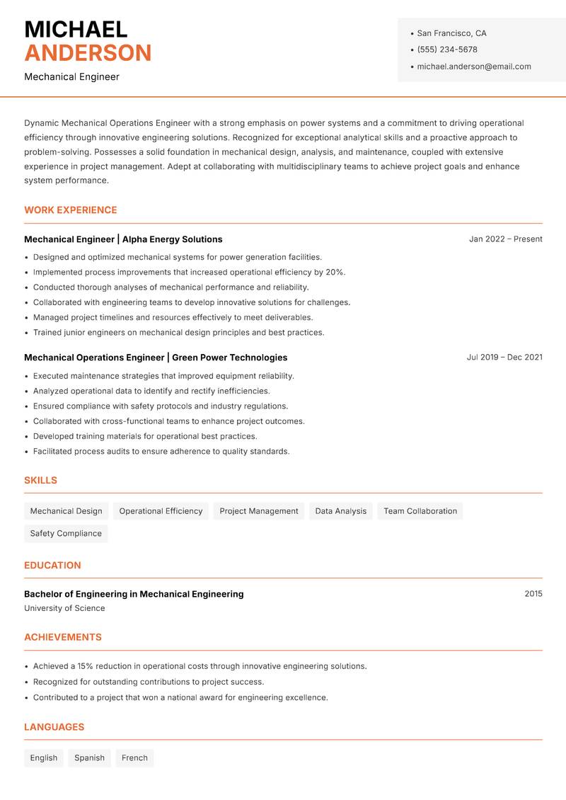 Mechanical Operations Engineer Power Resume Template
