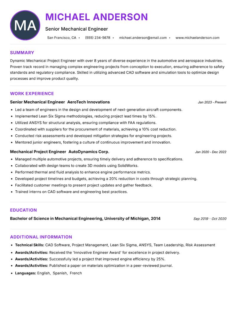 Mechanical Project Engineer Resume Preview Example