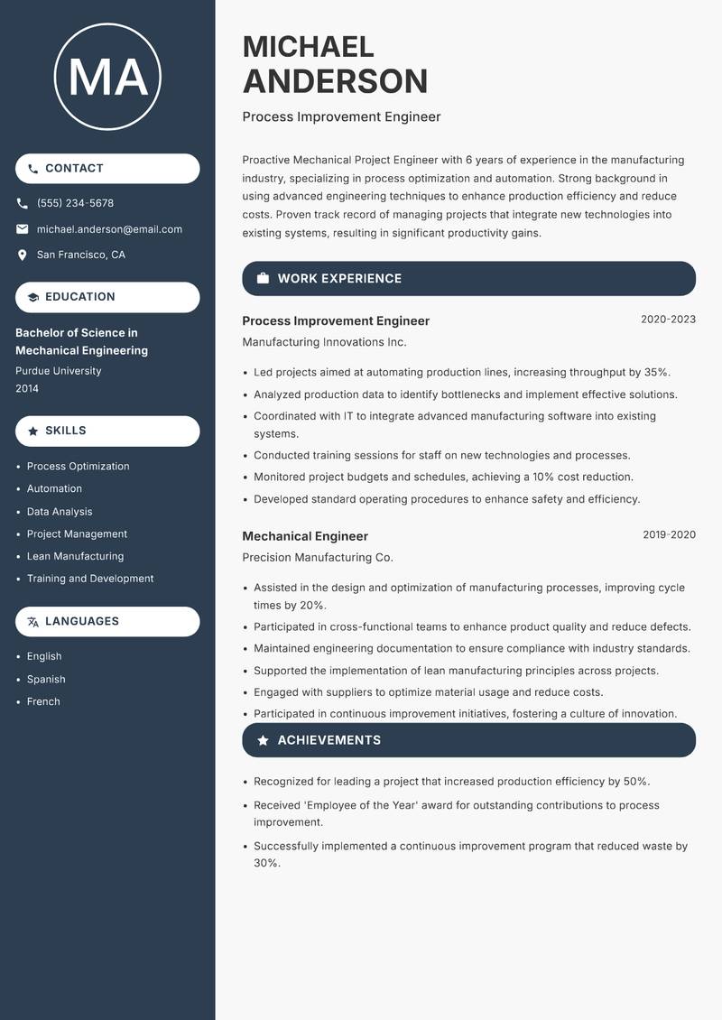 Mechanical Project Engineer Resume Preview Example
