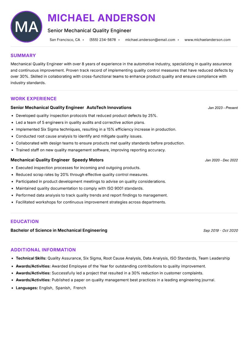 Mechanical Quality Engineer Resume Preview Example
