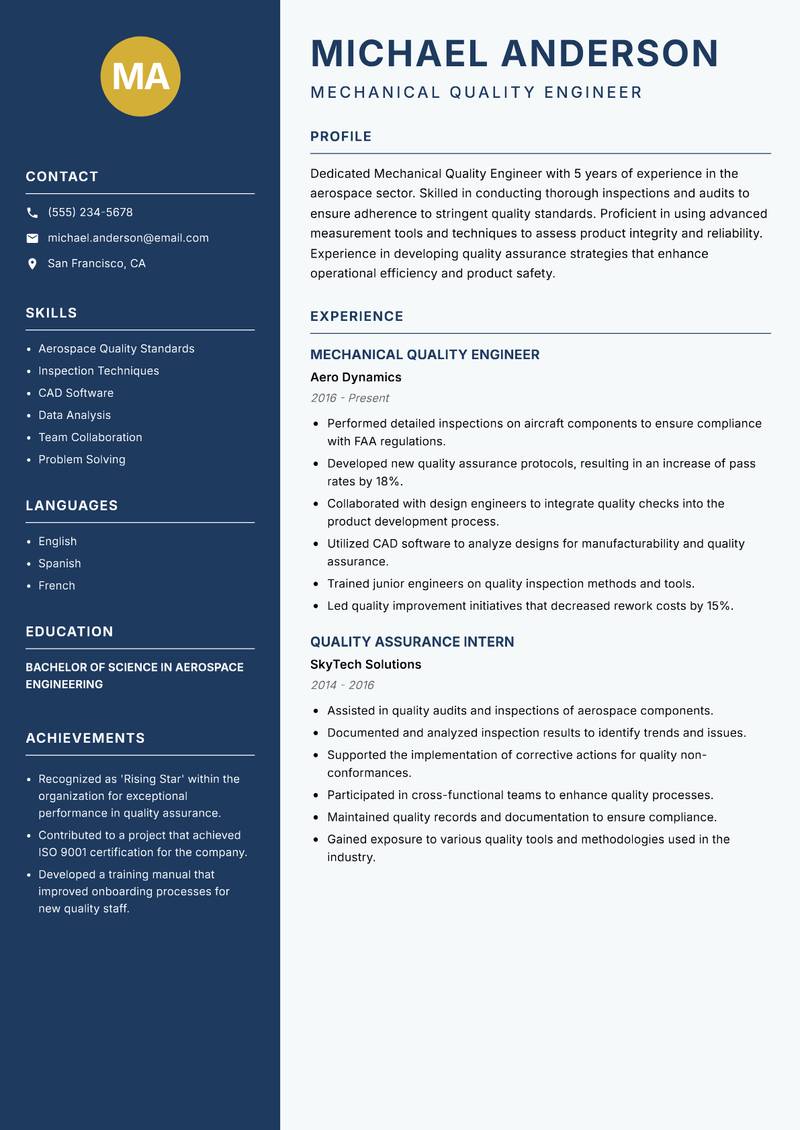Mechanical Quality Engineer Resume Preview Example
