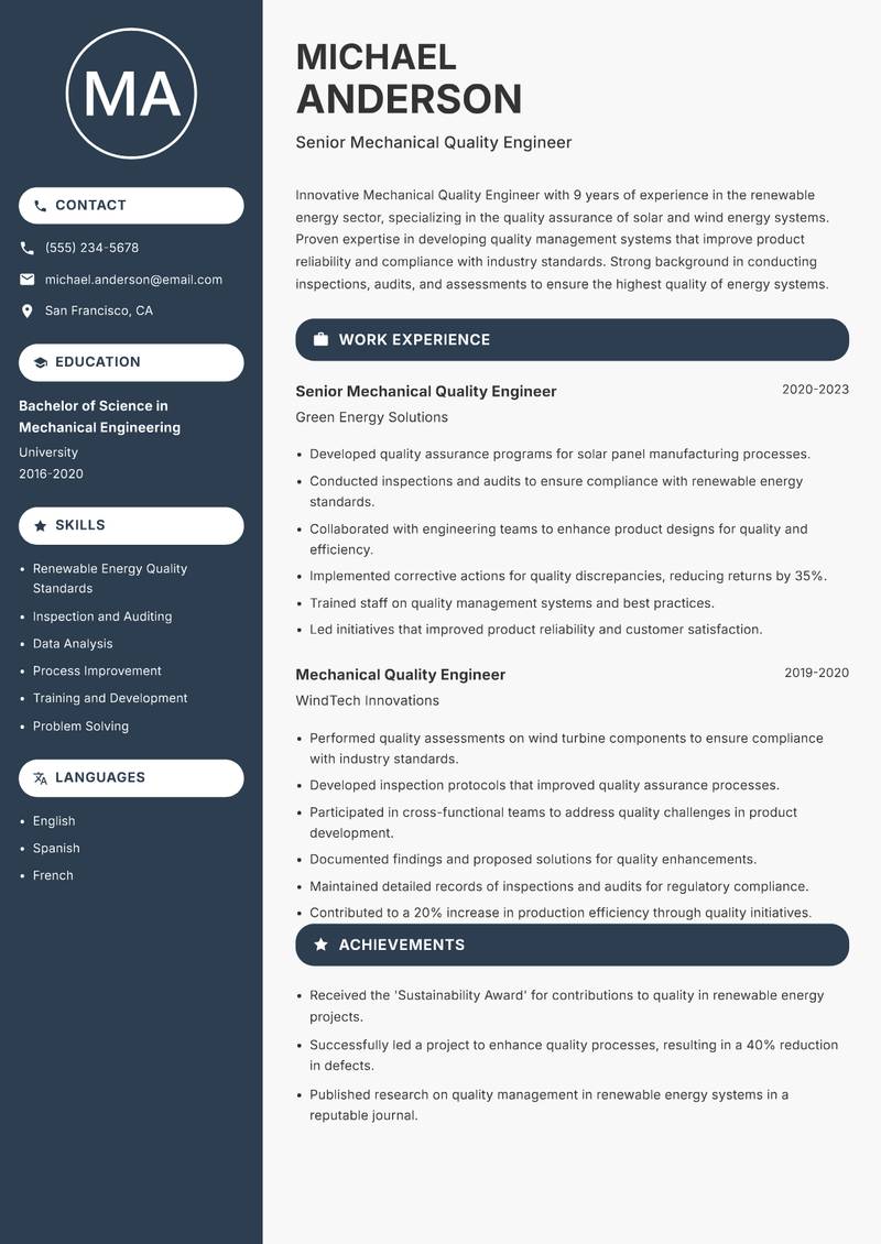Mechanical Quality Engineer Resume Preview Example