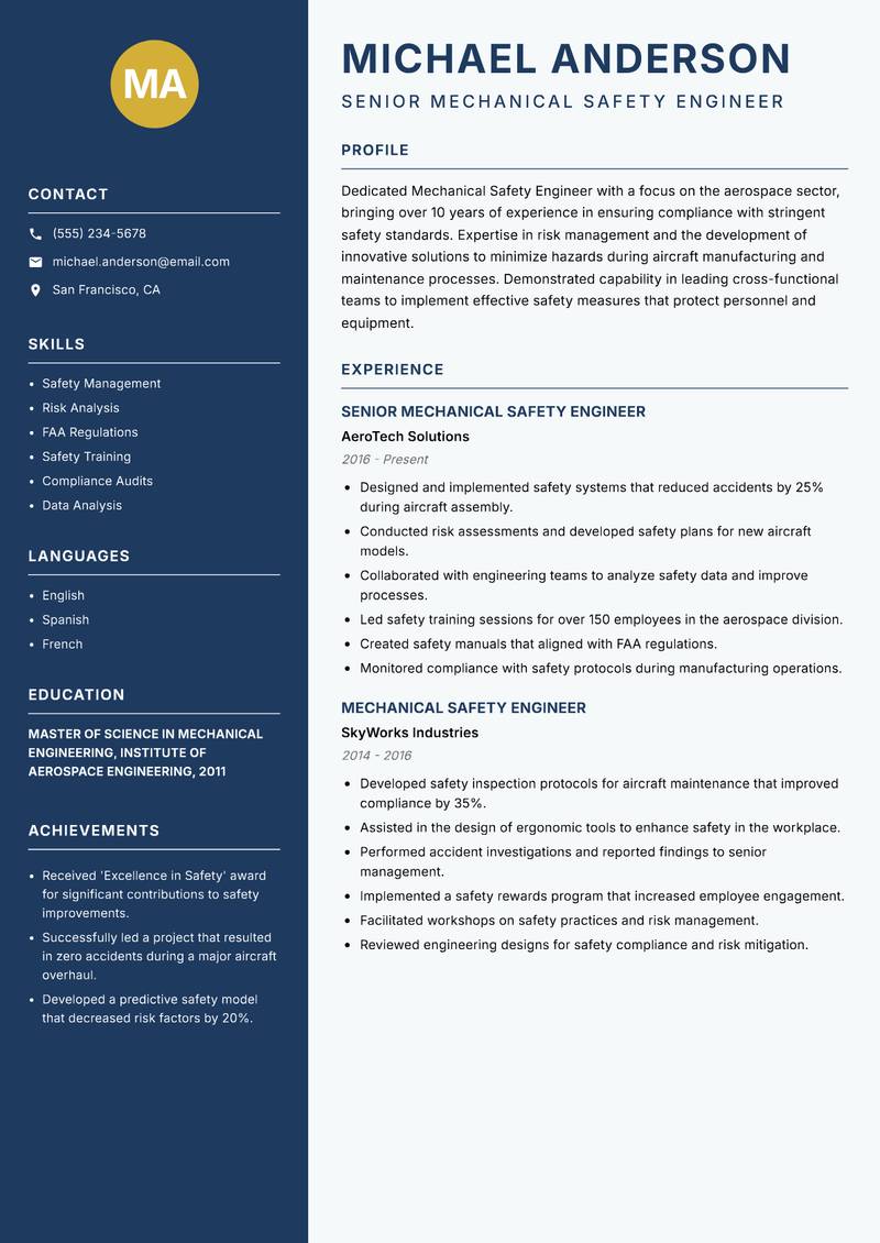 Mechanical Safety Engineer Resume Preview Example