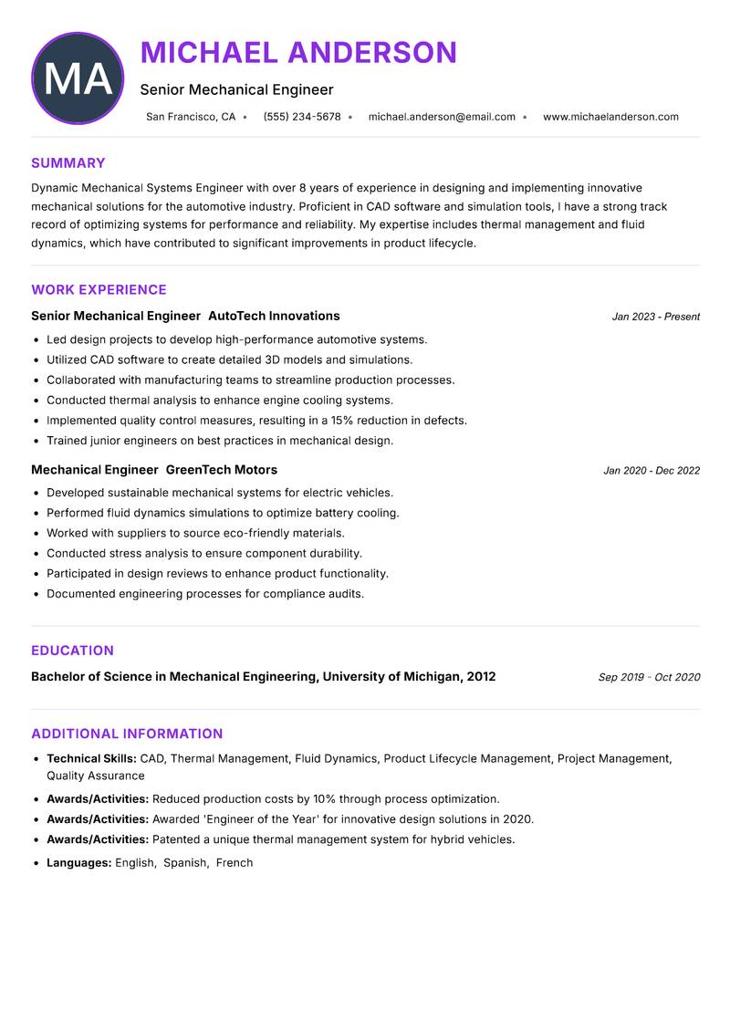 Mechanical Systems Engineer Resume Preview Example