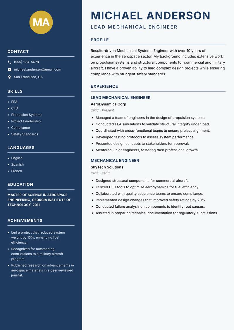 Mechanical Systems Engineer Resume Preview Example