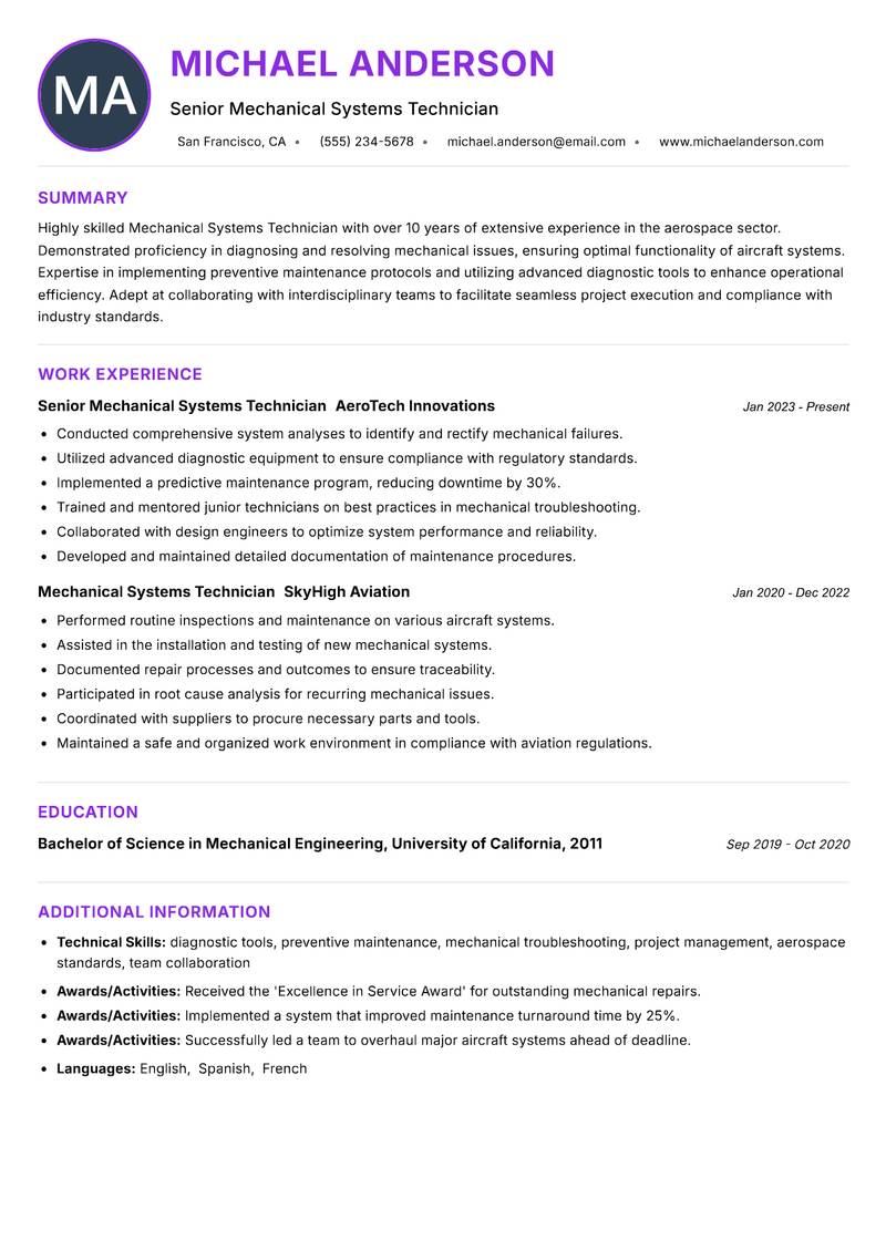 Mechanical Systems Technician Resume Preview Example