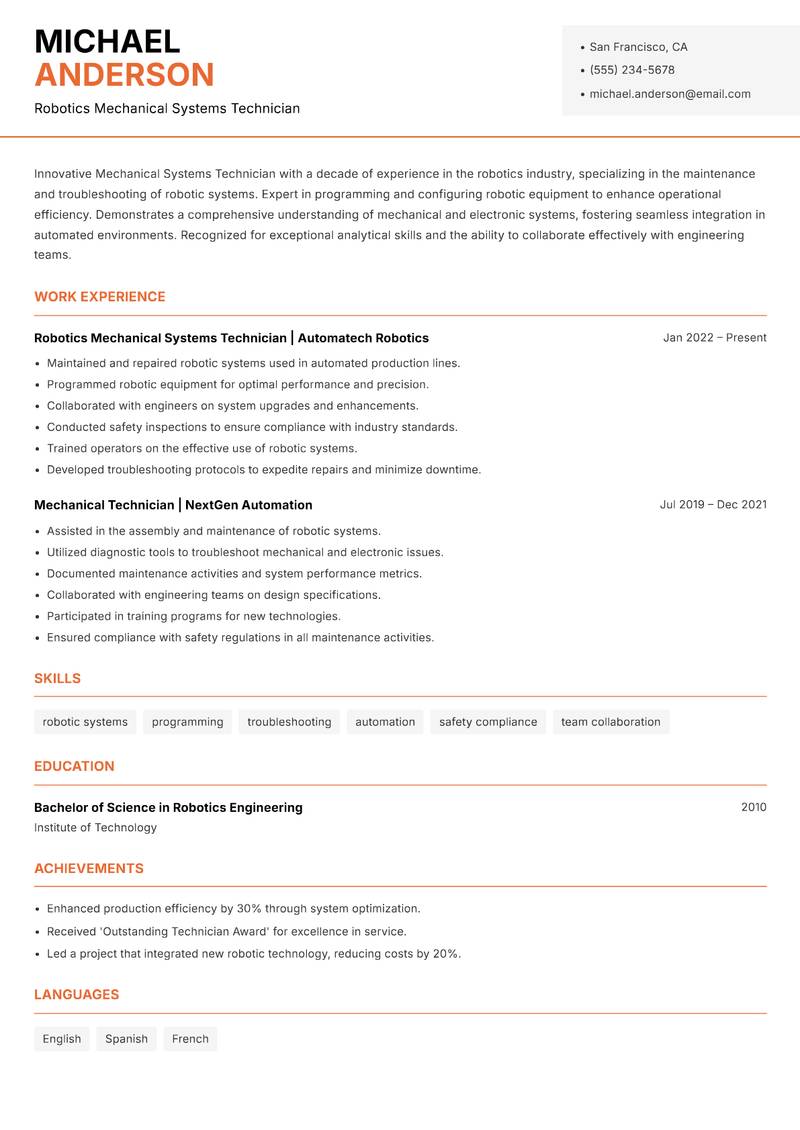 Mechanical Systems Technician Resume Template