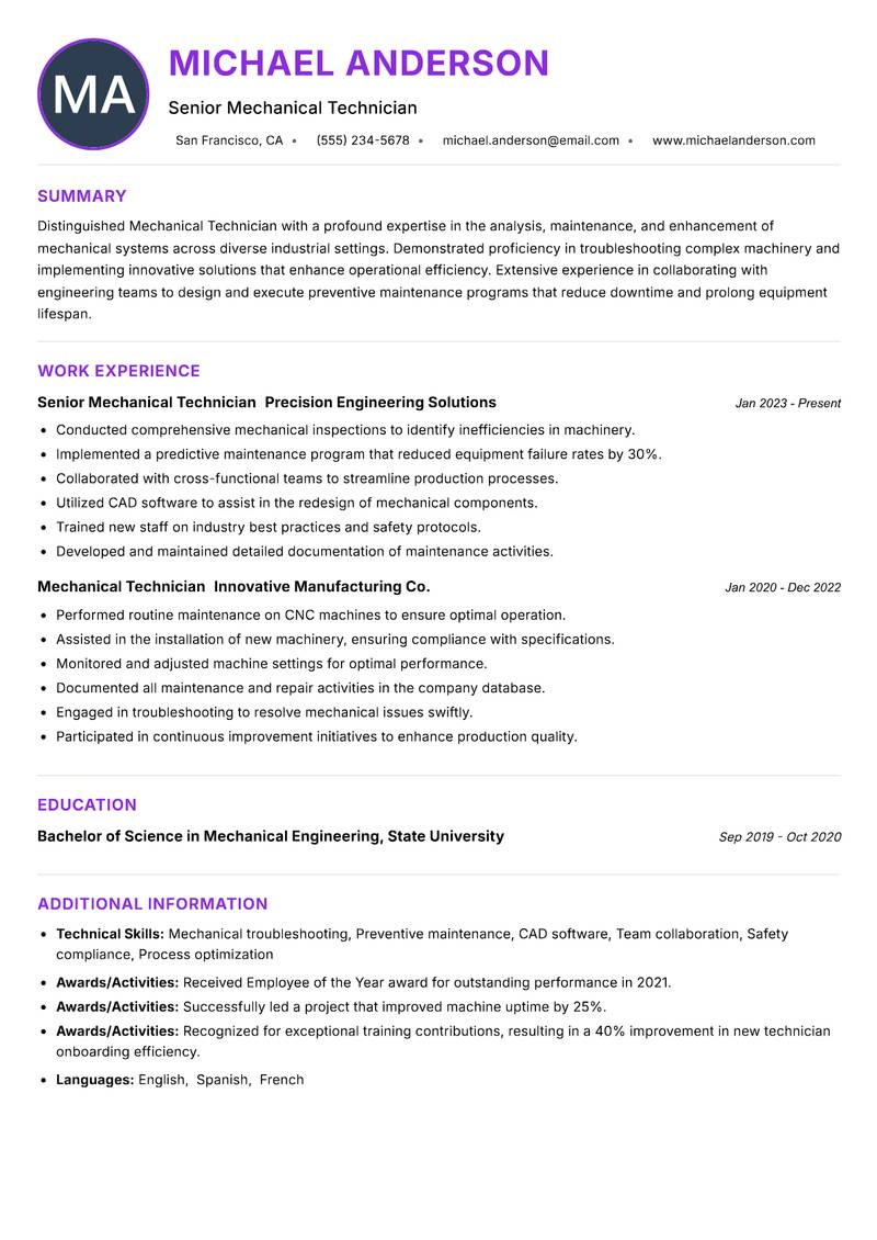 Mechanical Technician Resume Preview Example