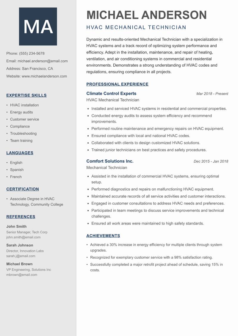 Mechanical Technician Resume Preview Example