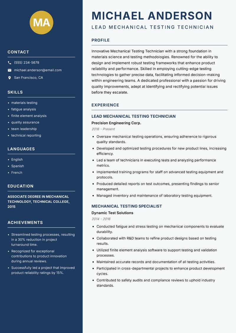 Mechanical Testing Technician Resume Preview Example