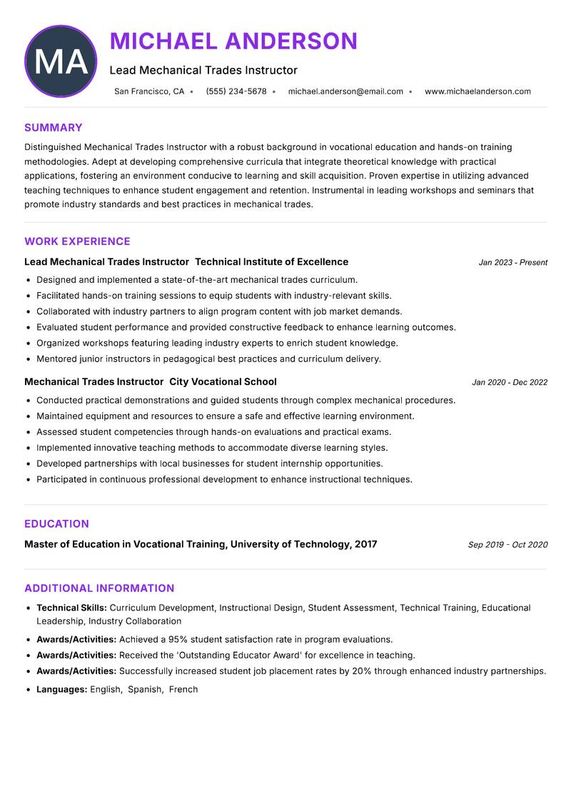 Mechanical Trades Instructor Resume Preview Example