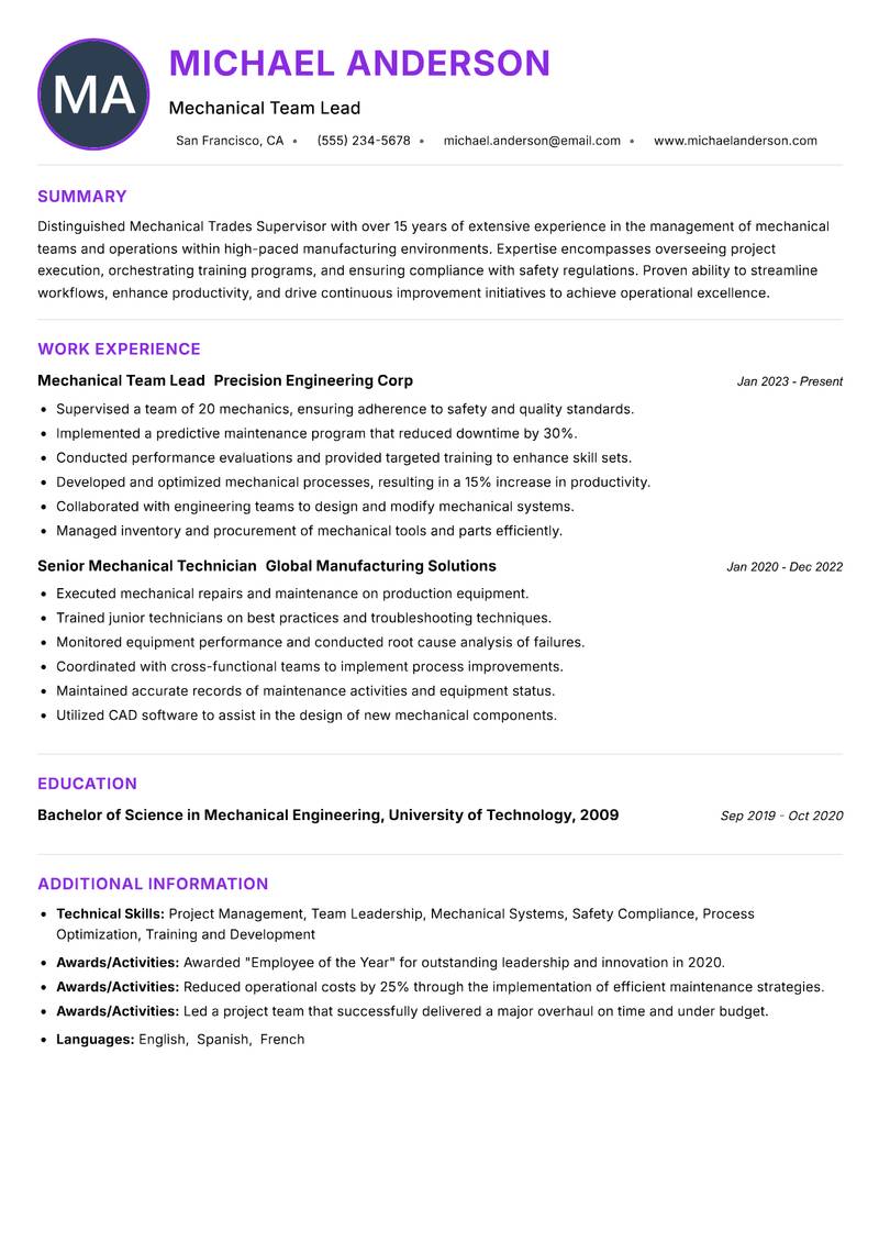 Mechanical Trades Supervisor Resume Preview Example