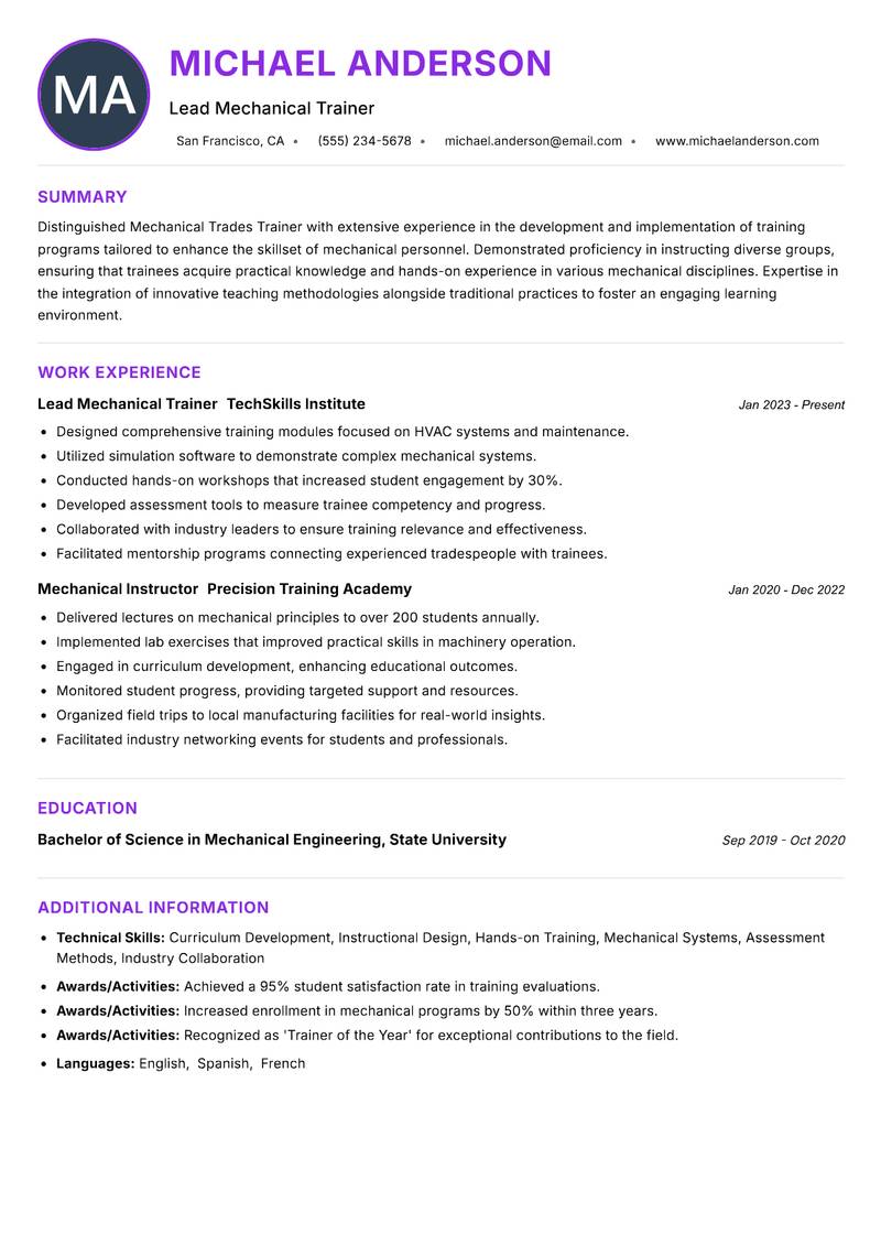 Mechanical Trades Trainer Resume Preview Example