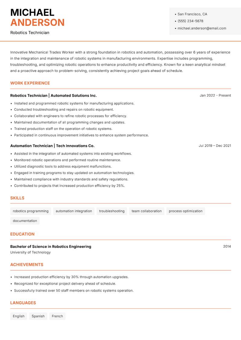 Mechanical Trades Worker Resume Template