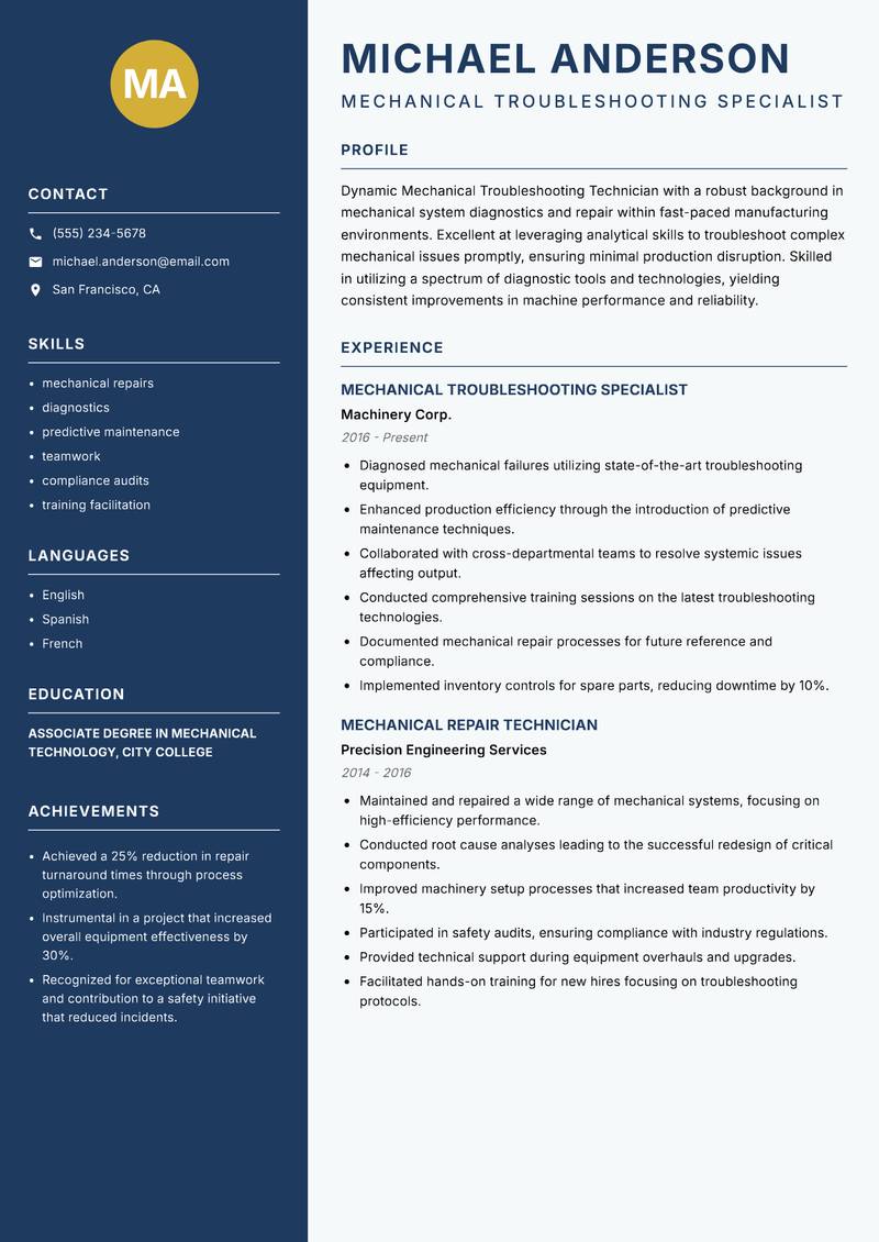 Mechanical Troubleshooting Technician Resume Preview Example