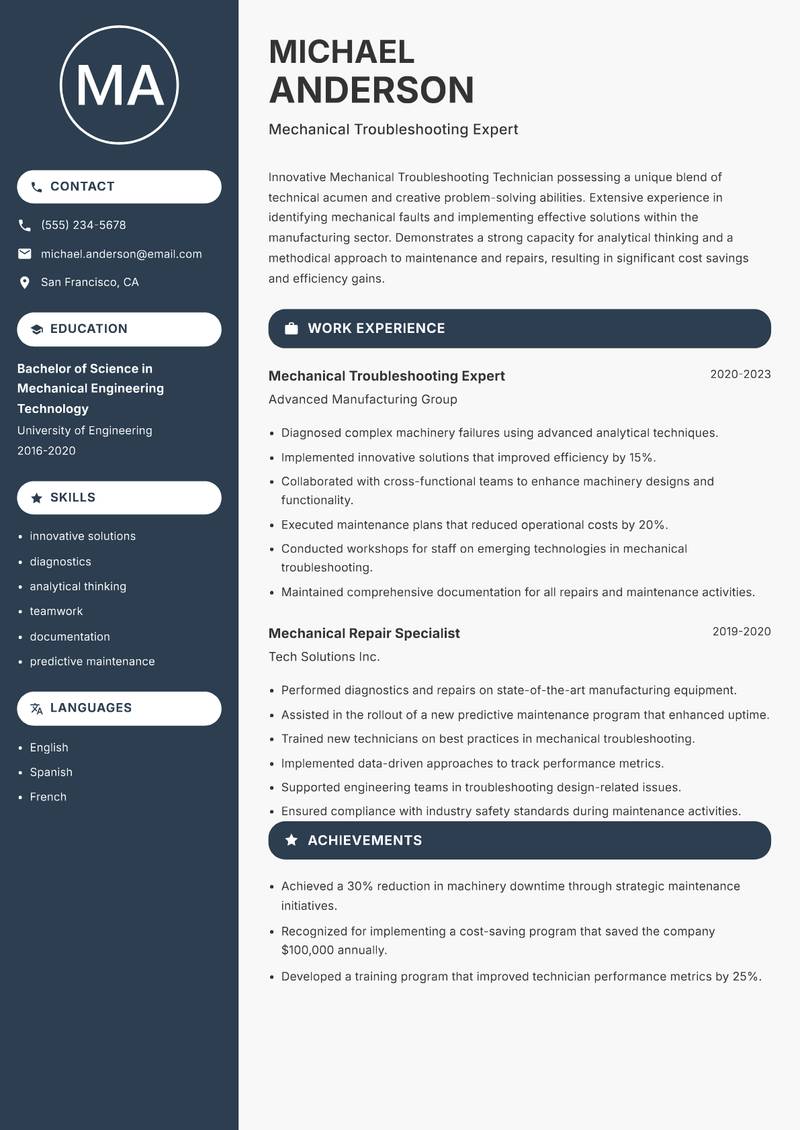 Mechanical Troubleshooting Technician Resume Preview Example