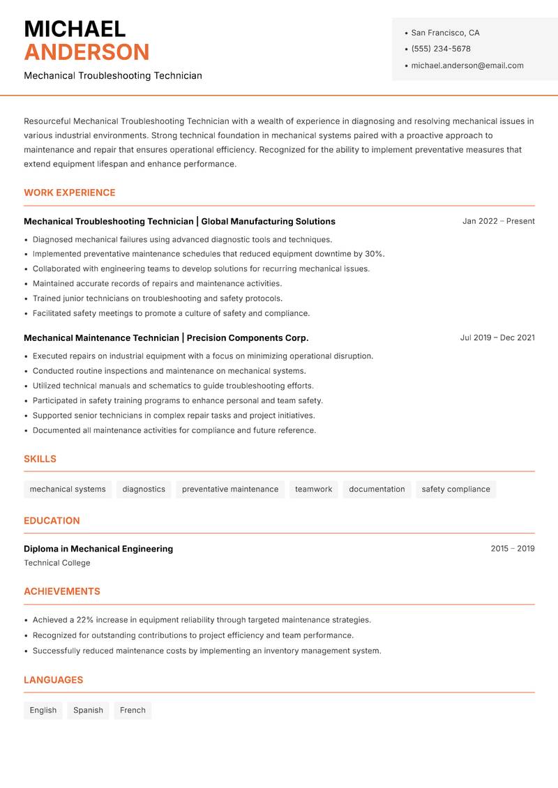 Mechanical Troubleshooting Technician Resume Template