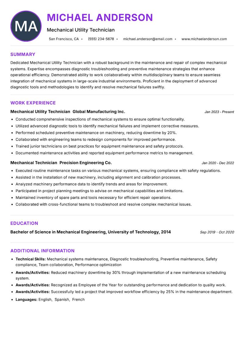 Mechanical Utility Technician Resume Preview Example