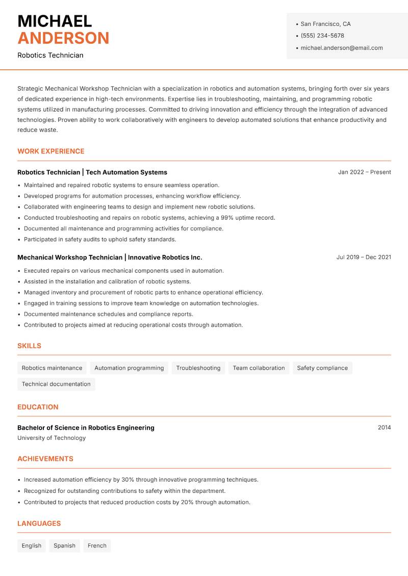 Mechanical Workshop Technician Resume Template
