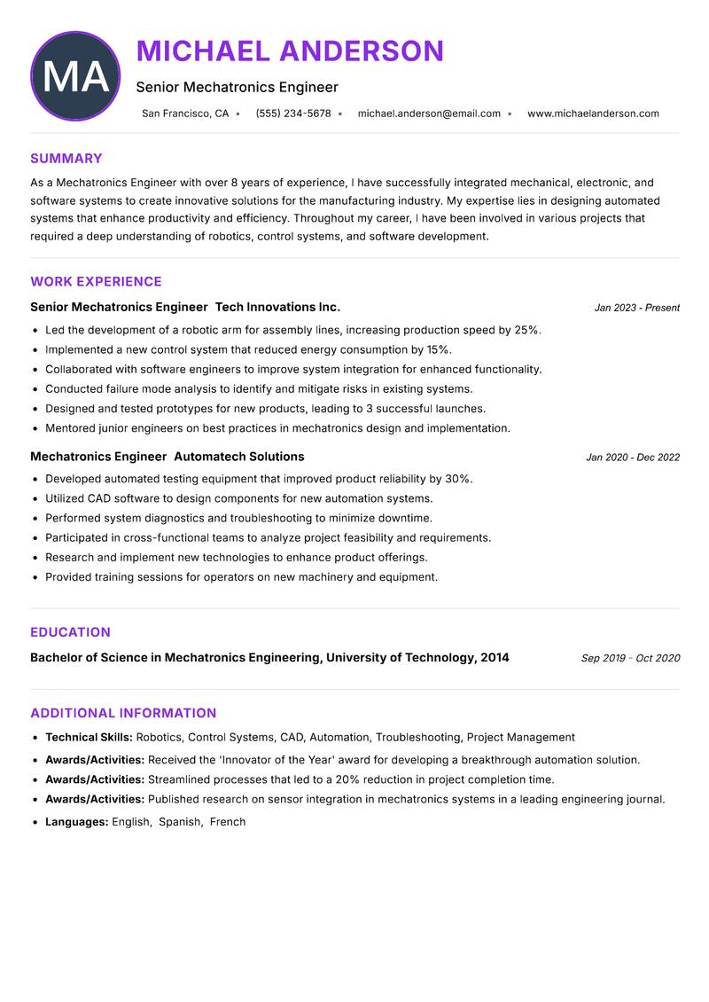 Mechatronics Engineer Resume Preview Example