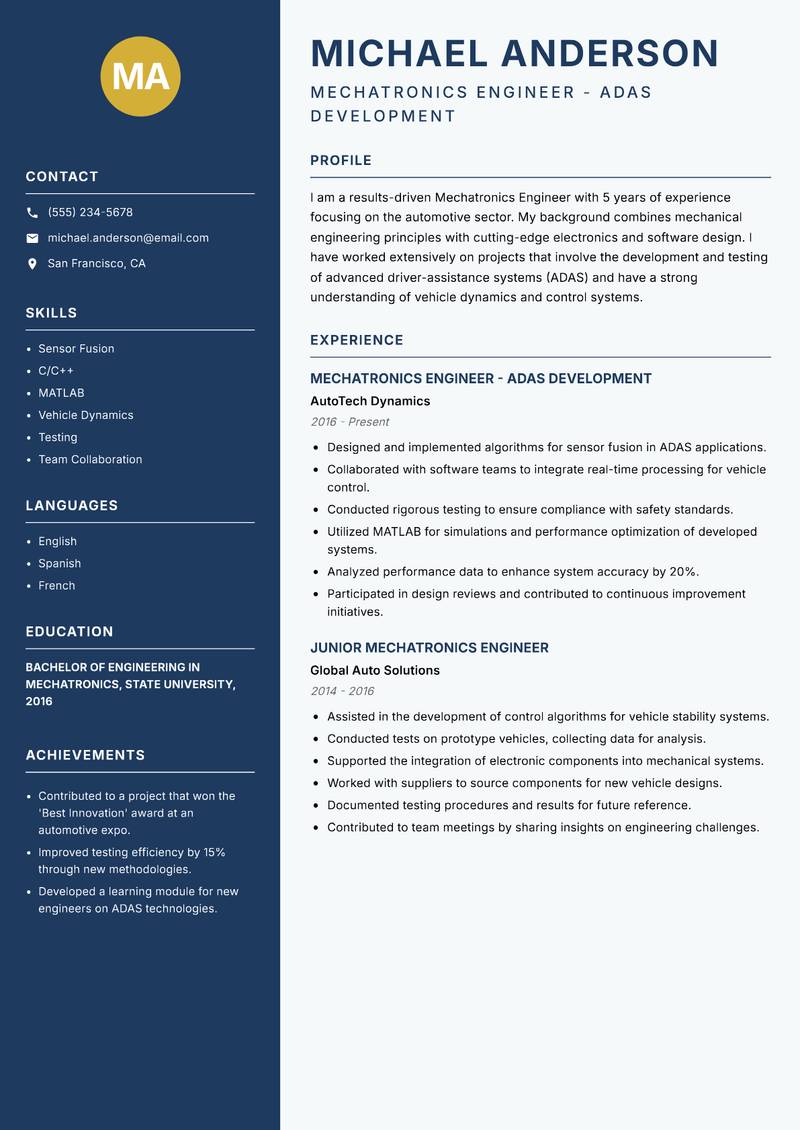 Mechatronics Engineer Resume Preview Example