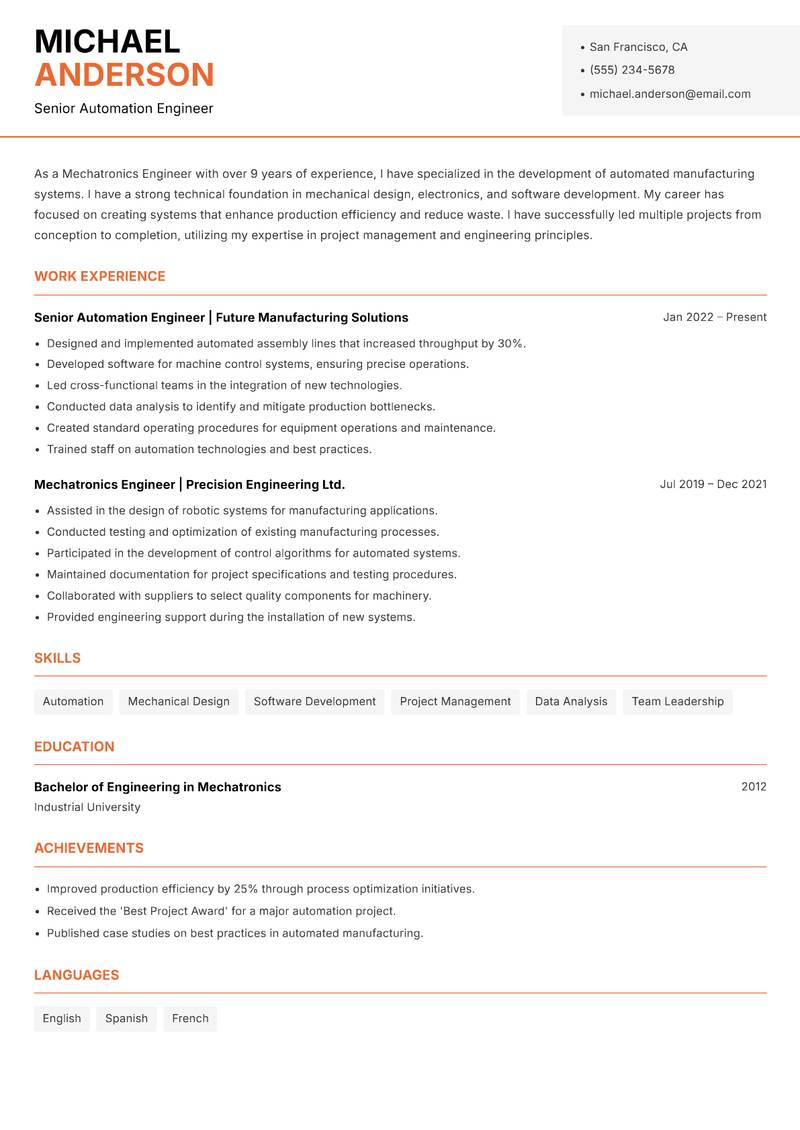 Mechatronics Engineer Resume Template