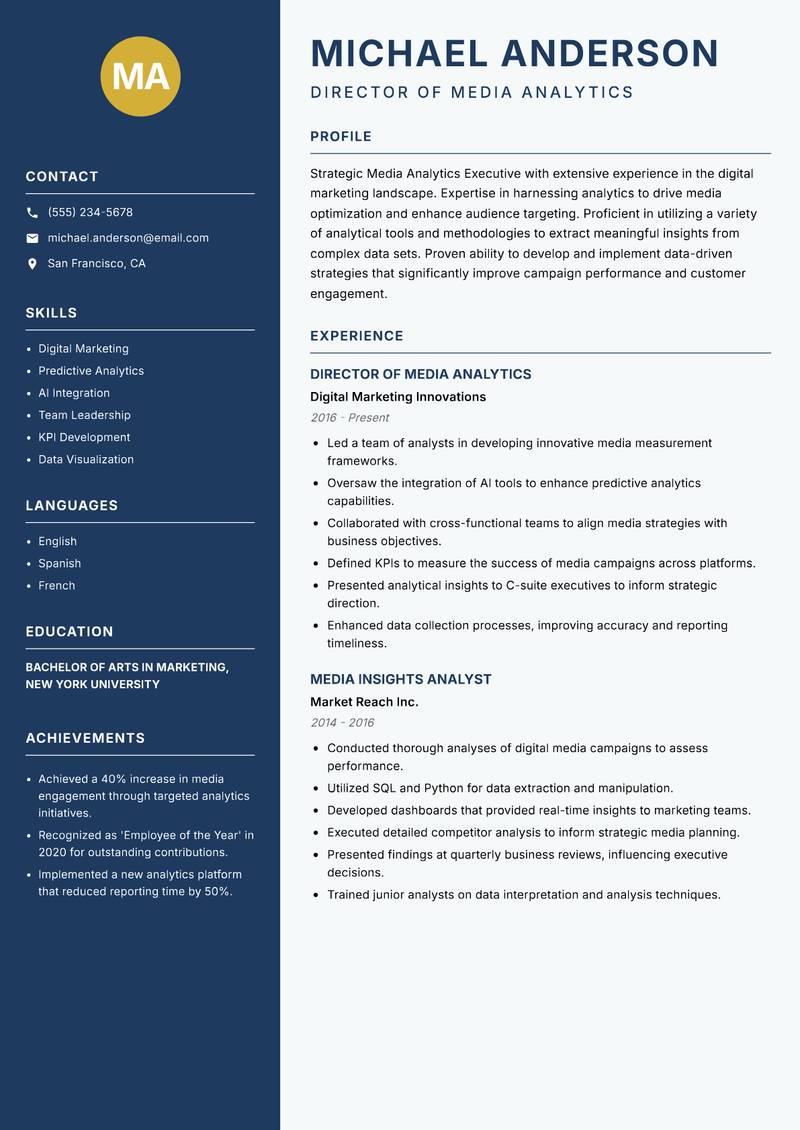 Media Analytics Executive Resume Preview Example