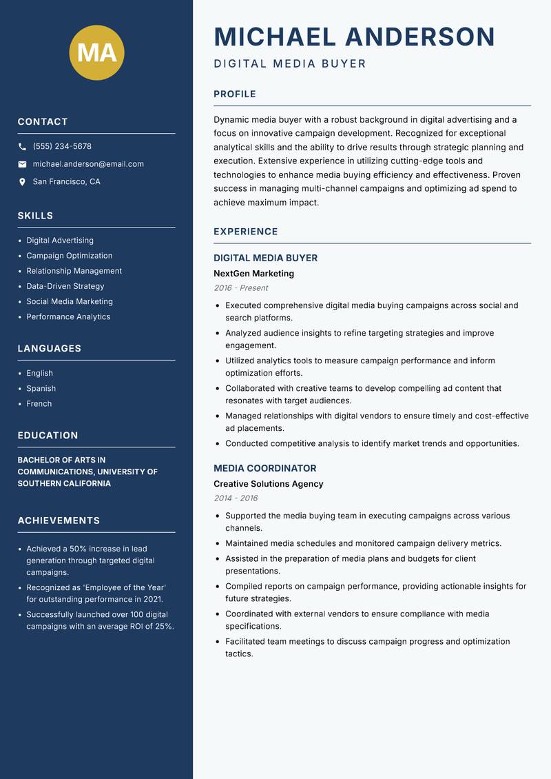 Media Buyer Resume Preview Example