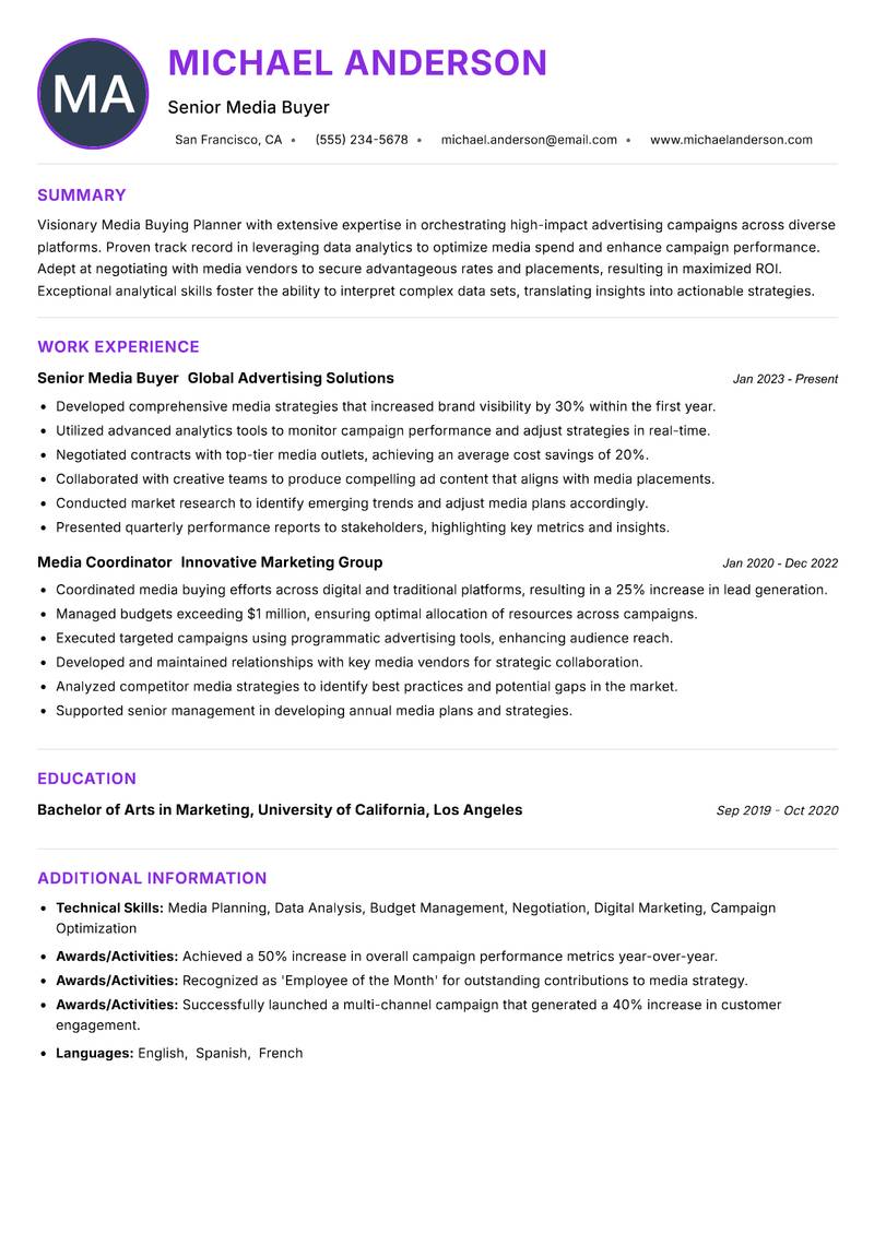 Media Buying Planner Resume Preview Example
