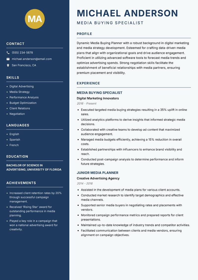 Media Buying Planner Resume Preview Example