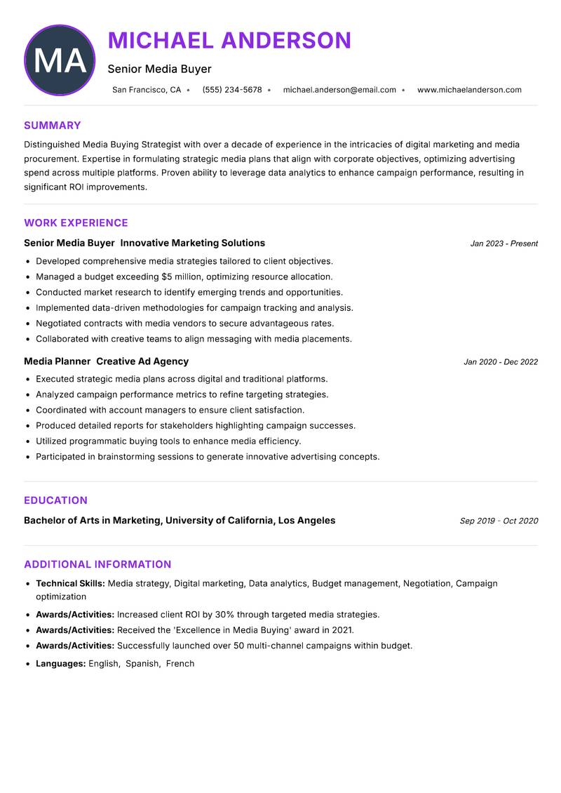 Media Buying Strategist Resume Preview Example