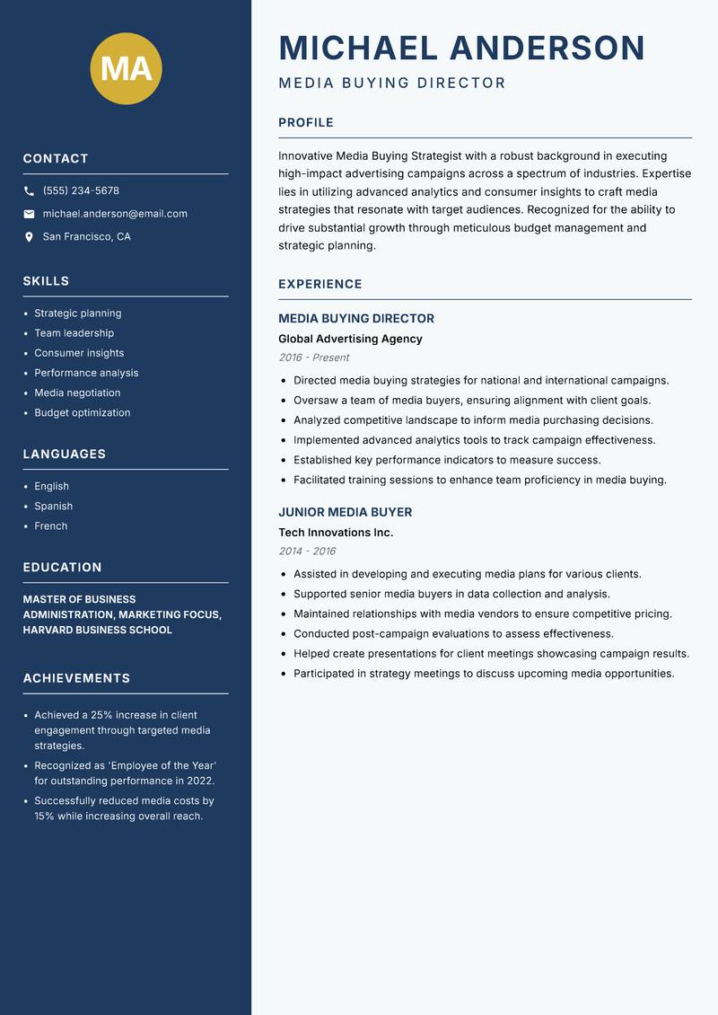 Media Buying Strategist Resume Preview Example