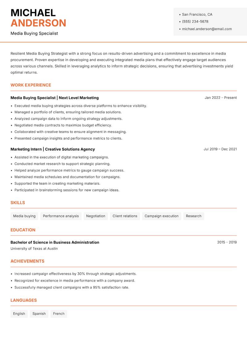 Media Buying Strategist Resume Template