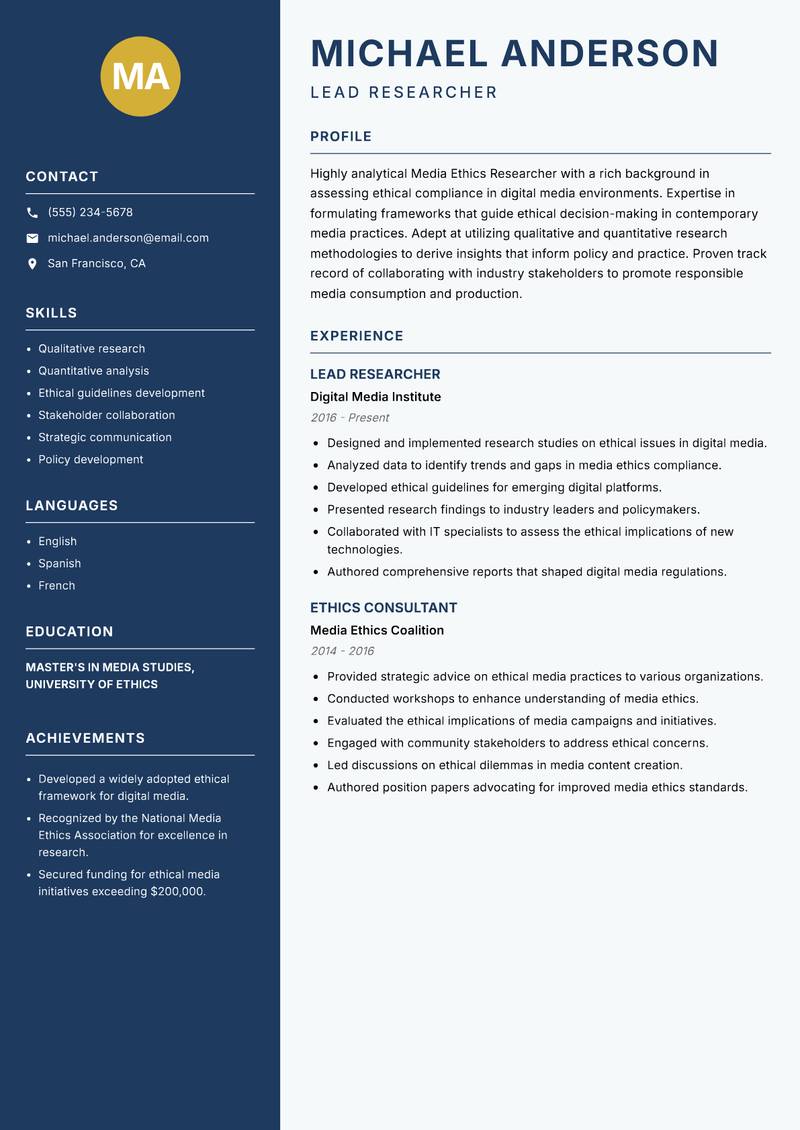 Media Ethics Researcher Resume Preview Example