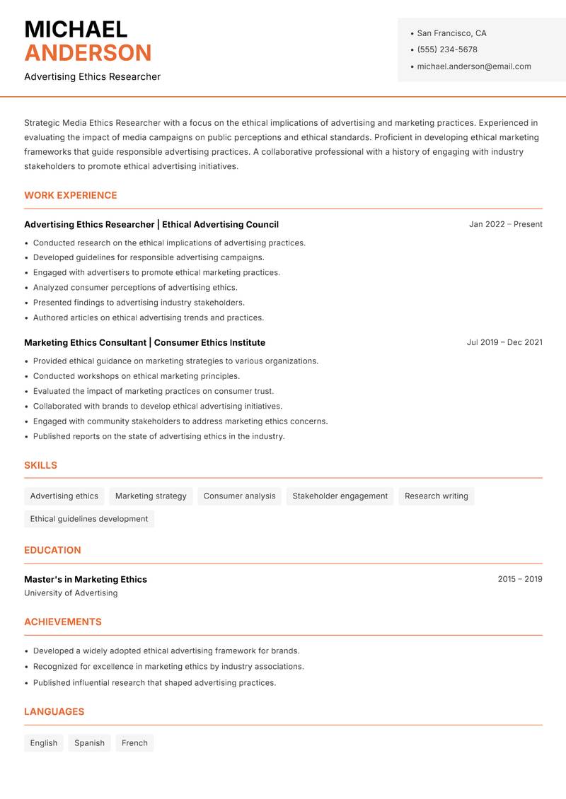 Media Ethics Researcher Resume Template