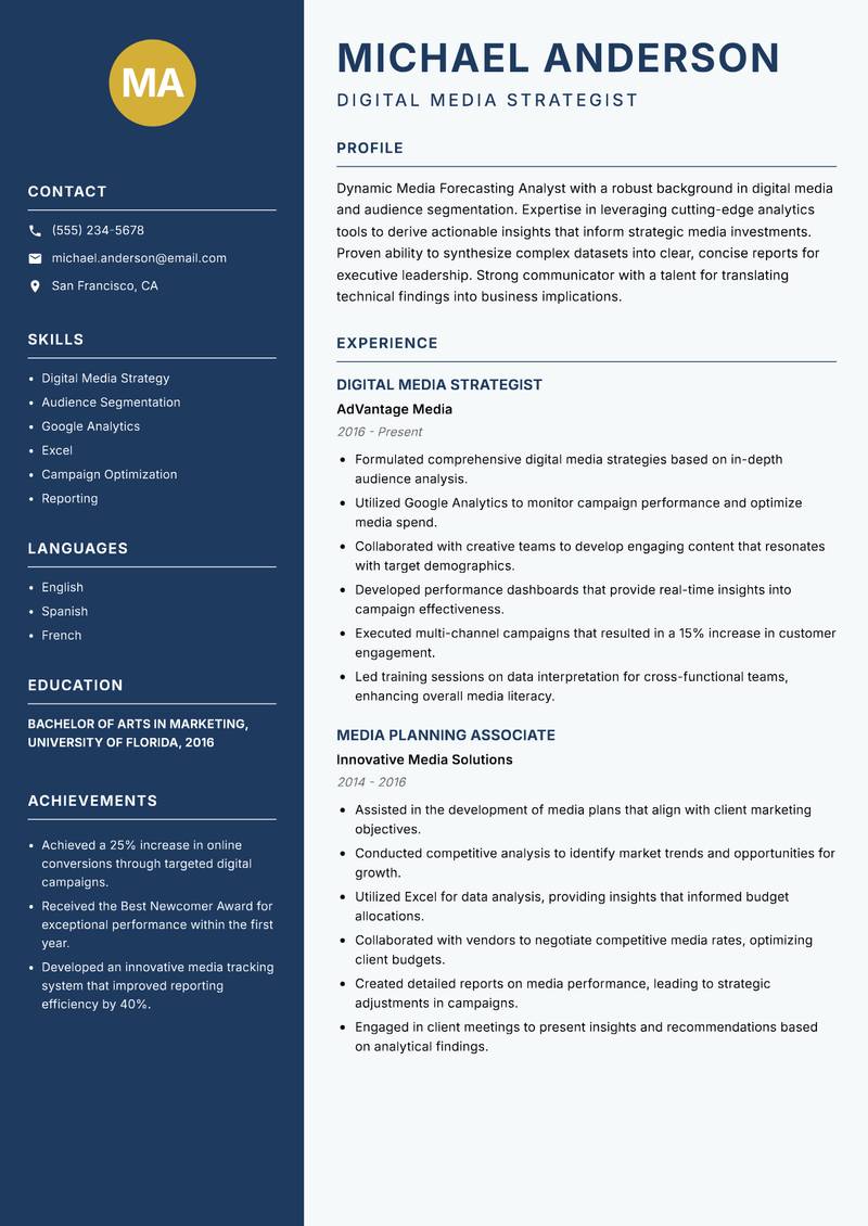 Media Forecasting Analyst Resume Preview Example