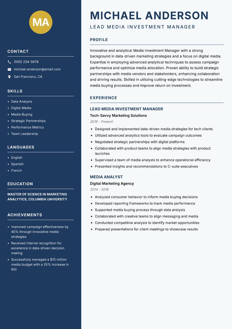 Media Investment Manager Resume Preview Example