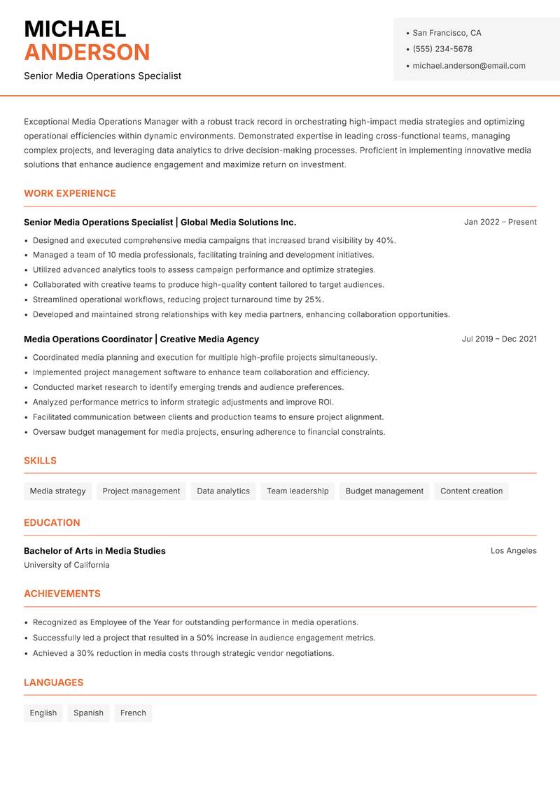 Media Operations Manager Resume Template