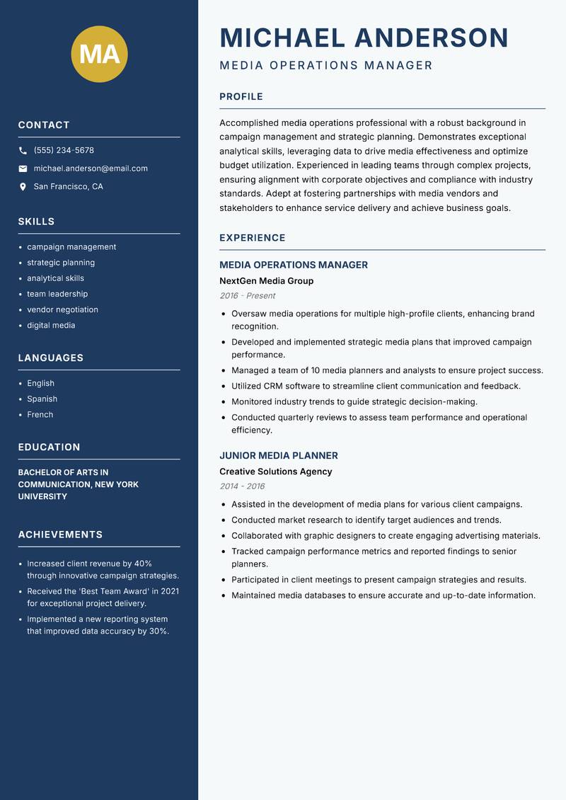 Media Operations Planner Resume Preview Example