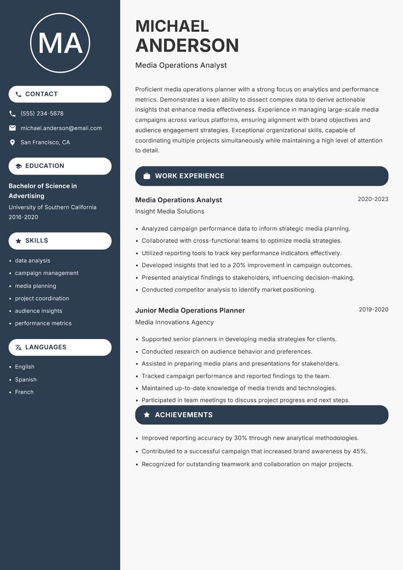 Media Operations Planner Resume Preview Example
