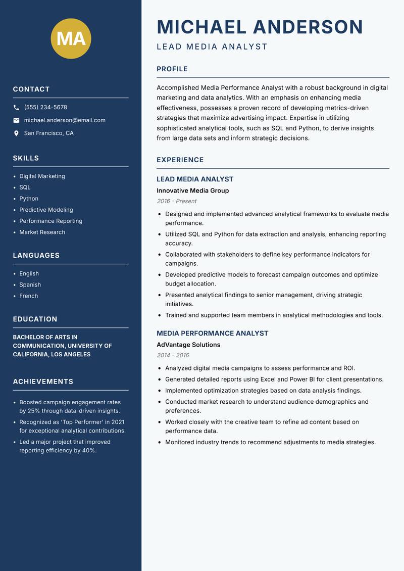 Media Performance Analyst Resume Preview Example