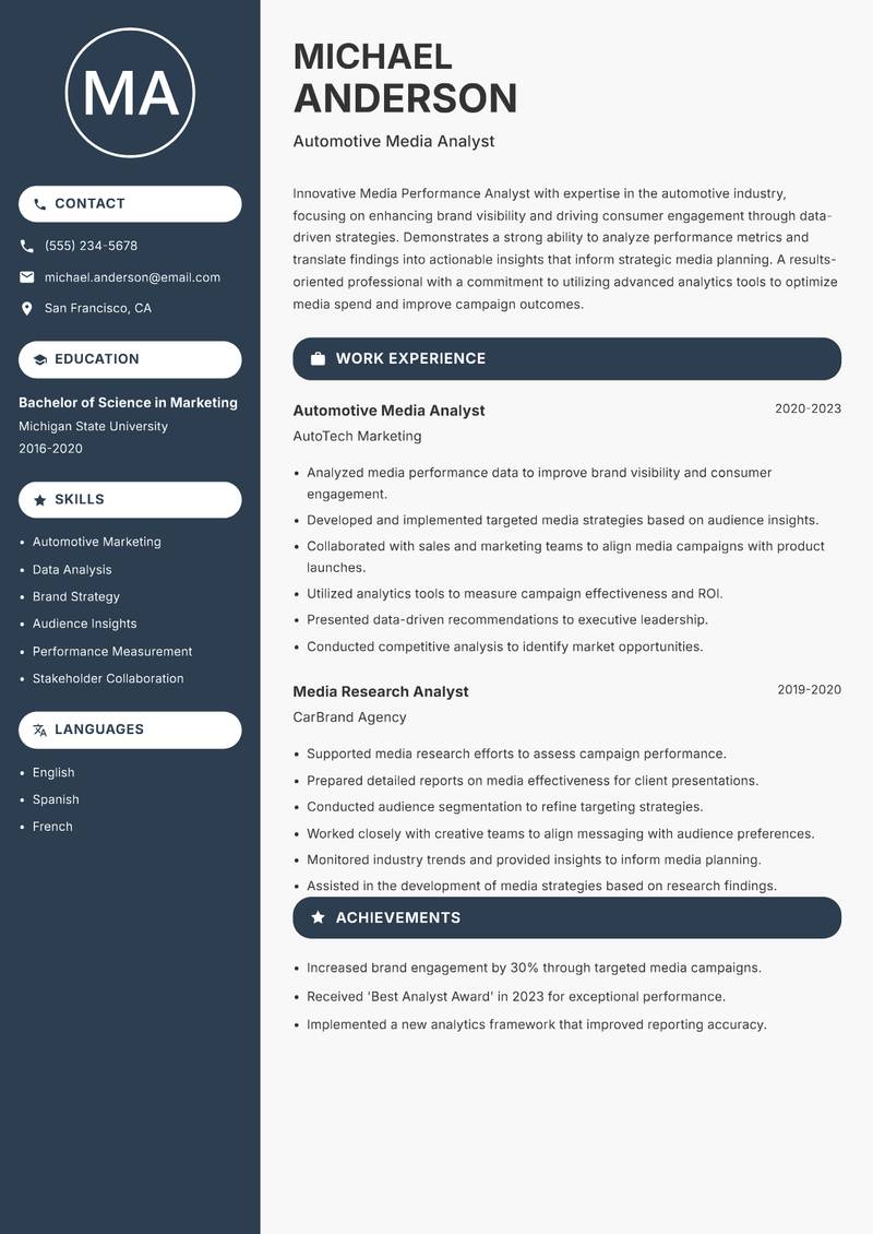 Media Performance Analyst Resume Preview Example
