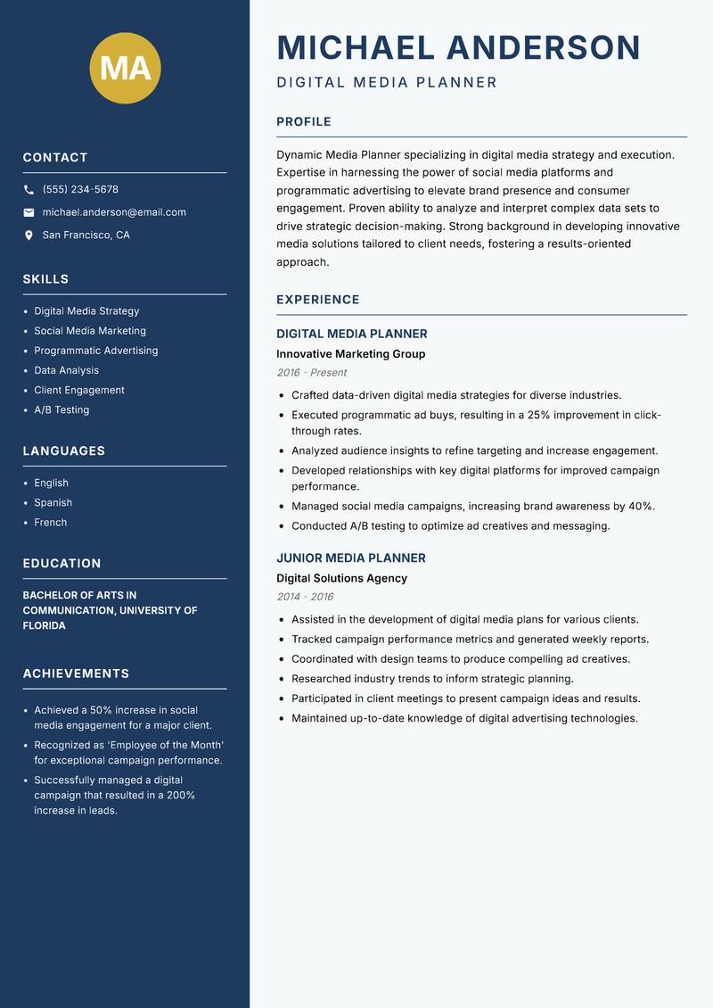 Media Planner Resume Preview Example